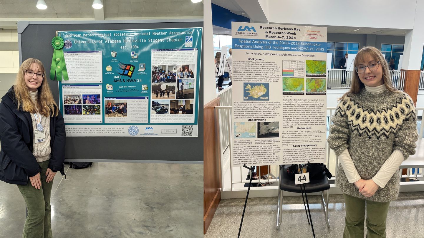 Left: Janna Jones at the 104th American Meteorological Society Annual Meeting in Baltimore, MD presenting her student chapter organization’s accomplishmentsight: Janna Jones presenting her research at the UAH Undergraduate Research Horizons