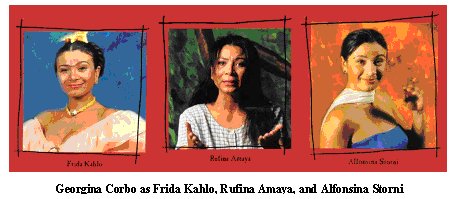 Georgina Corbo as Frida Kahlo, Rufina Amaya, and Alfonsina Storni
