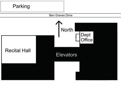 Map of Music Office, Recital Hall, and Parking