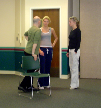 Charles Busch speaking with students