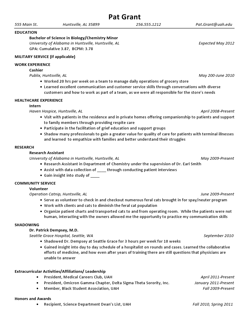 Pat Grant Example PreHealth Resume