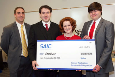 The first place team, winning $10,000 in scholarship money was Caroline Bryson, Nursing and Engineering; Jacob Bryson, Engineering; and Joseph Finney, Engineering.