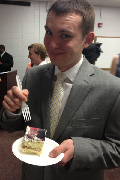 Ross Compher (as Theodore A. Winchester III) eating the Chávez cake.