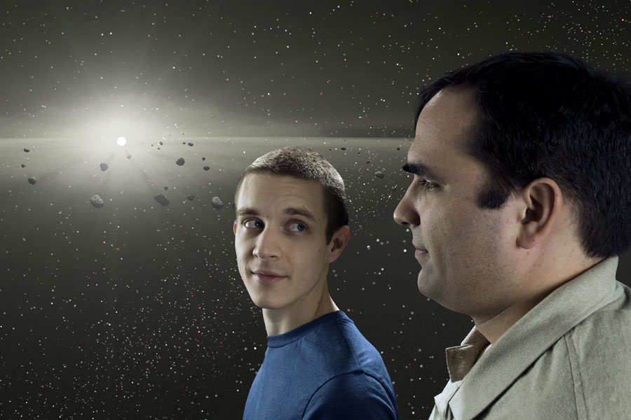 Luke Burgess and Grant Bergstue illustrated as contemplating an astroid field.