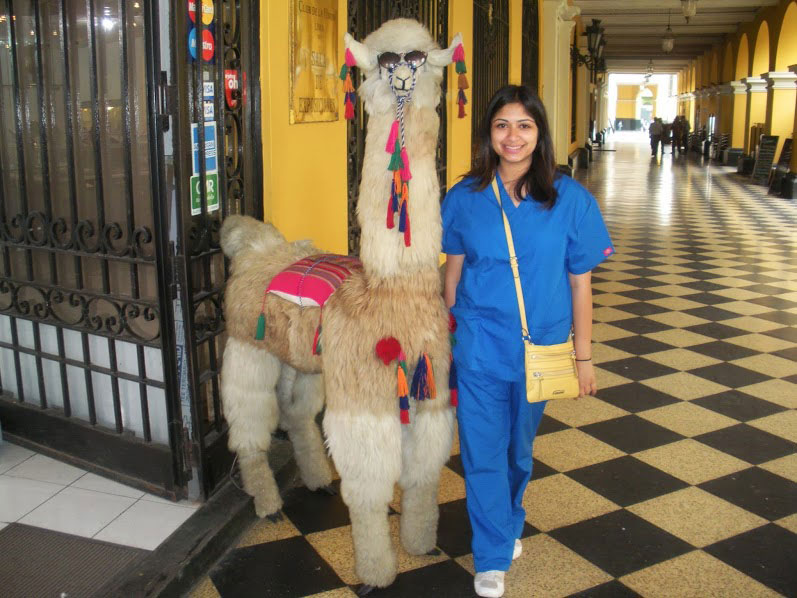 picture of a woman standing beside a fake llama