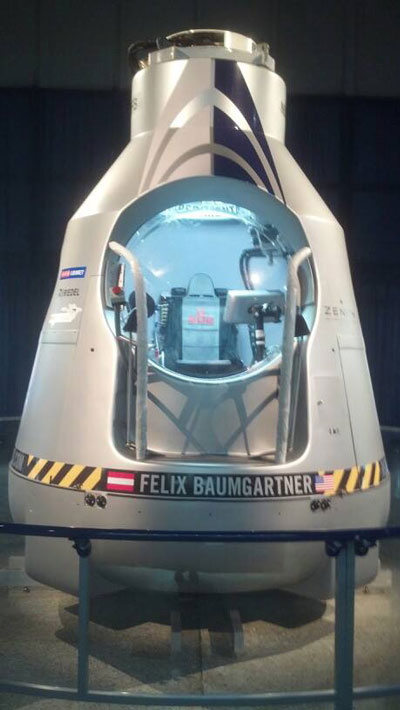 Baumgartner's balloon capsule that is on display at the U.S. Space and Rocket Center in the Red Bull Stratos Exhibit.