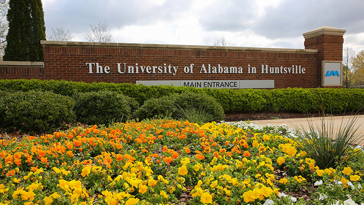 flowers blooming at the main UAH entrance ?>