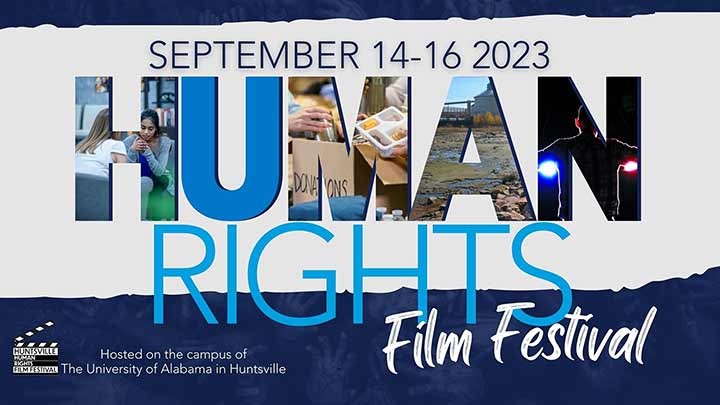 graphic illustration of the words "AHuman Rights Film Festival September 14-16 2023"