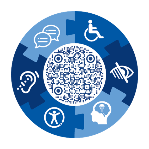 Accessibility Wheel with QR Code, highlighting different areas of accessibility