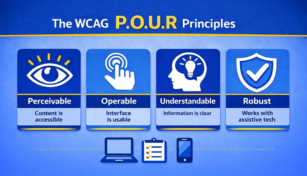 Infographic of WCAG P.O.U.R. Principles. Four colorful panels: Perceivable: Content is accessible; Operable: Interface is usable; Understandable: Information is clear; and Robust: Works with assistive tech. Icons symbolize accessibility.
