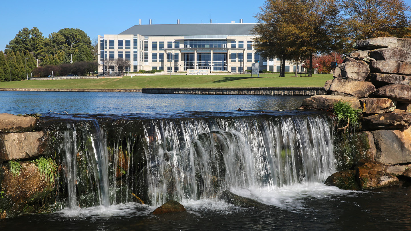 photo of uah pond with the shelby center in the background
