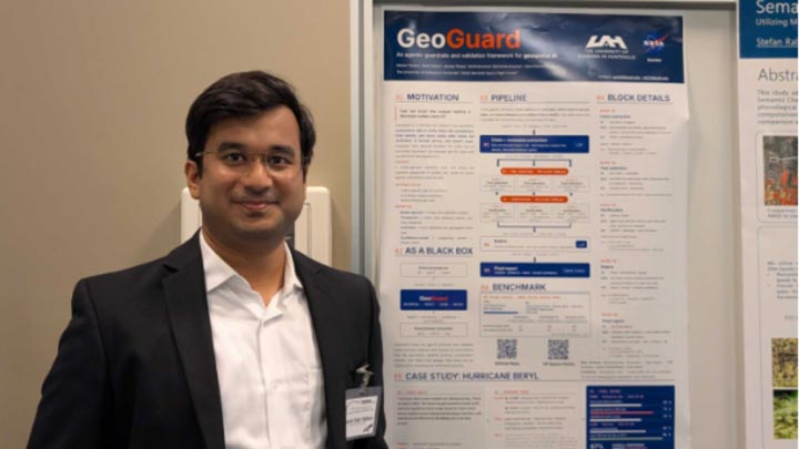 UAH Lab for Applied Science computer scientist Rohit Sahoo with his poster at the 2026 ESA-NASA Workshop on AI Foundation Models for Earth Observation.