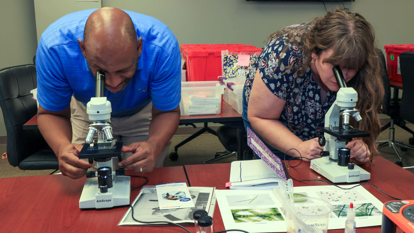 Two people use microscopes