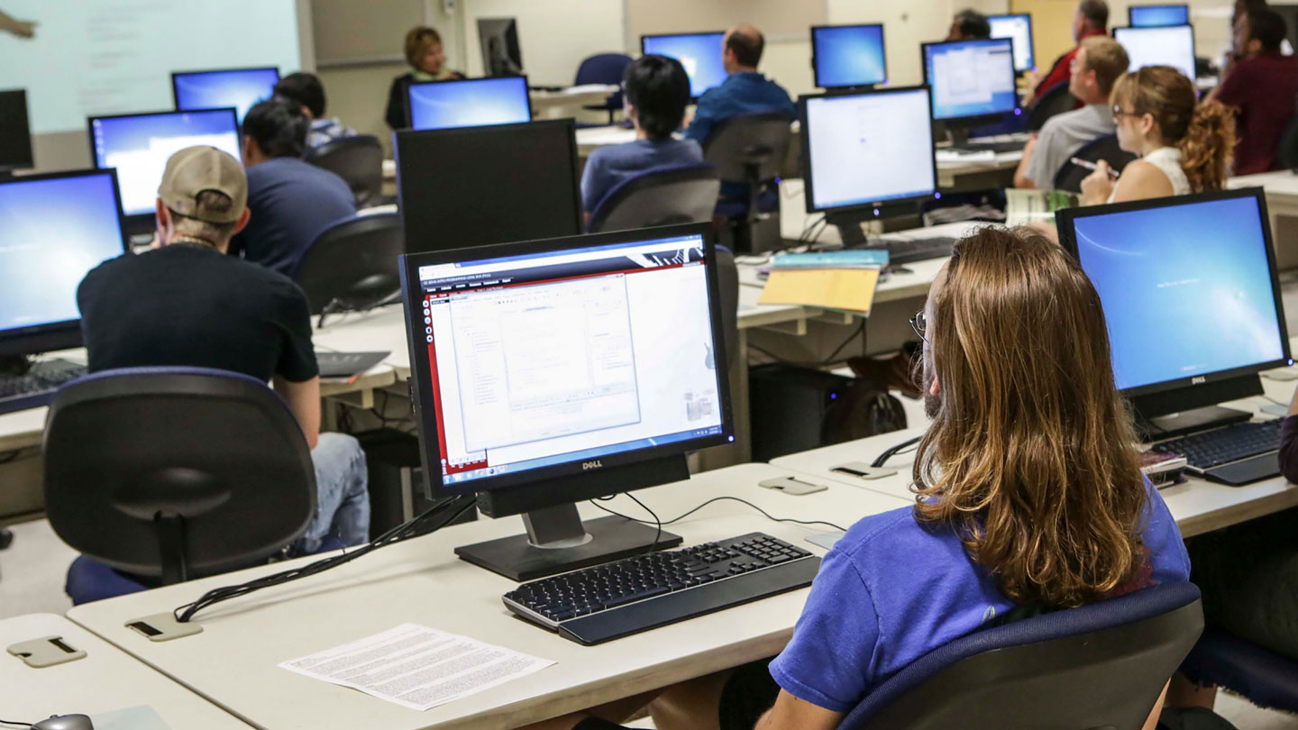 Students sit in a computer lab together