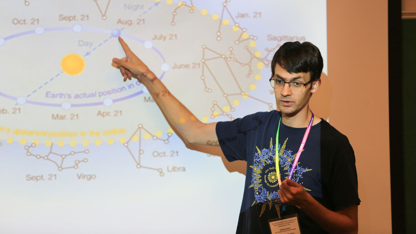 A man gives a presentation on astronomical concepts