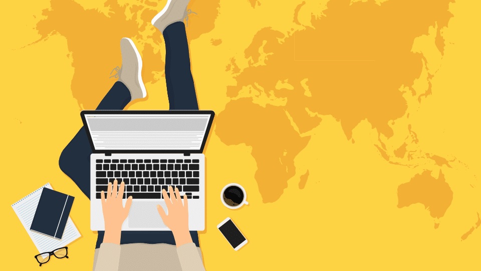 a graphic of a student on a laptop sitting on a map of the world