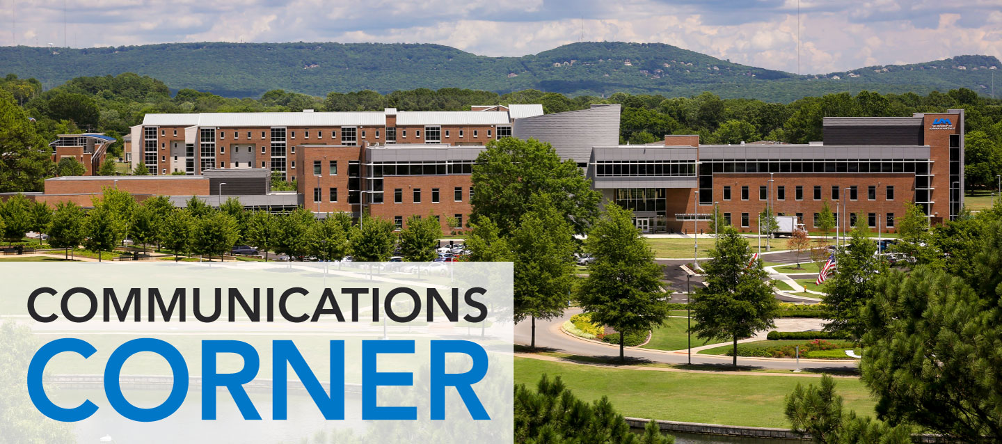 A wide shot of Campus with the label Communications Corner