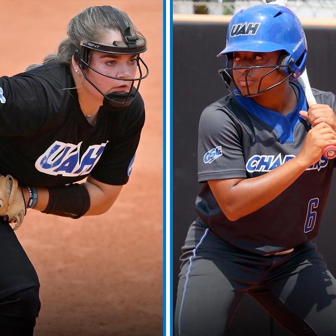 softball players Bracken and Hayes in uniforn