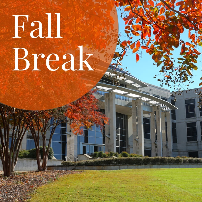 The Shelby Science Center at UAH in fall with beautiful red leaves