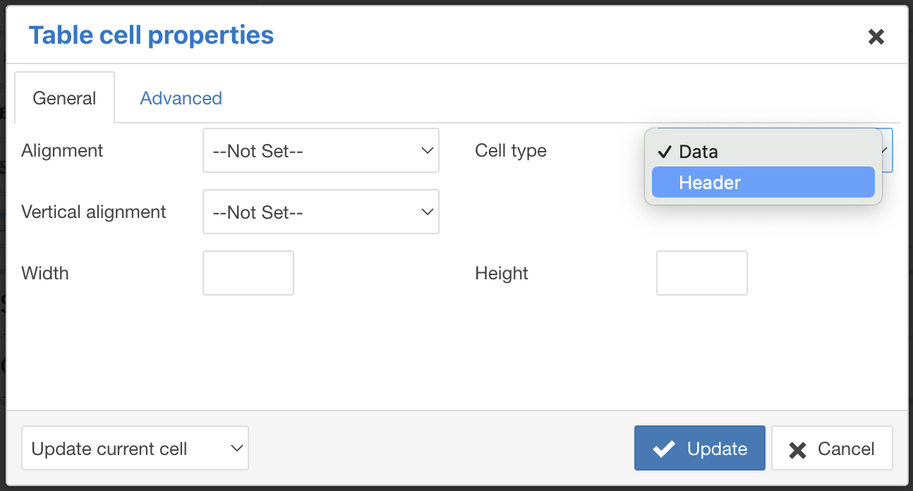 a graphic of the options for cell types to be withe headers or data types