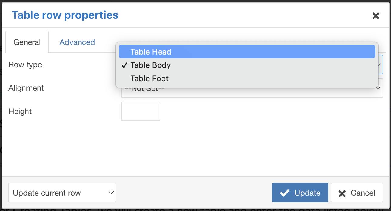 a graphic showing the dropdown option for tables in general settings