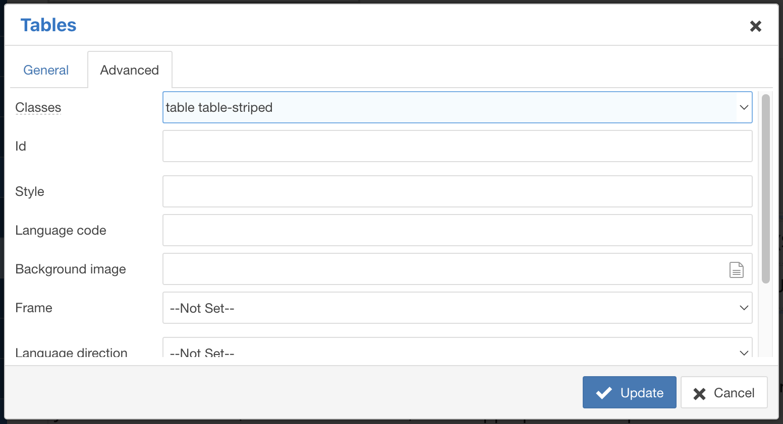 a graphic showing the advanced options UI for tables in joomla