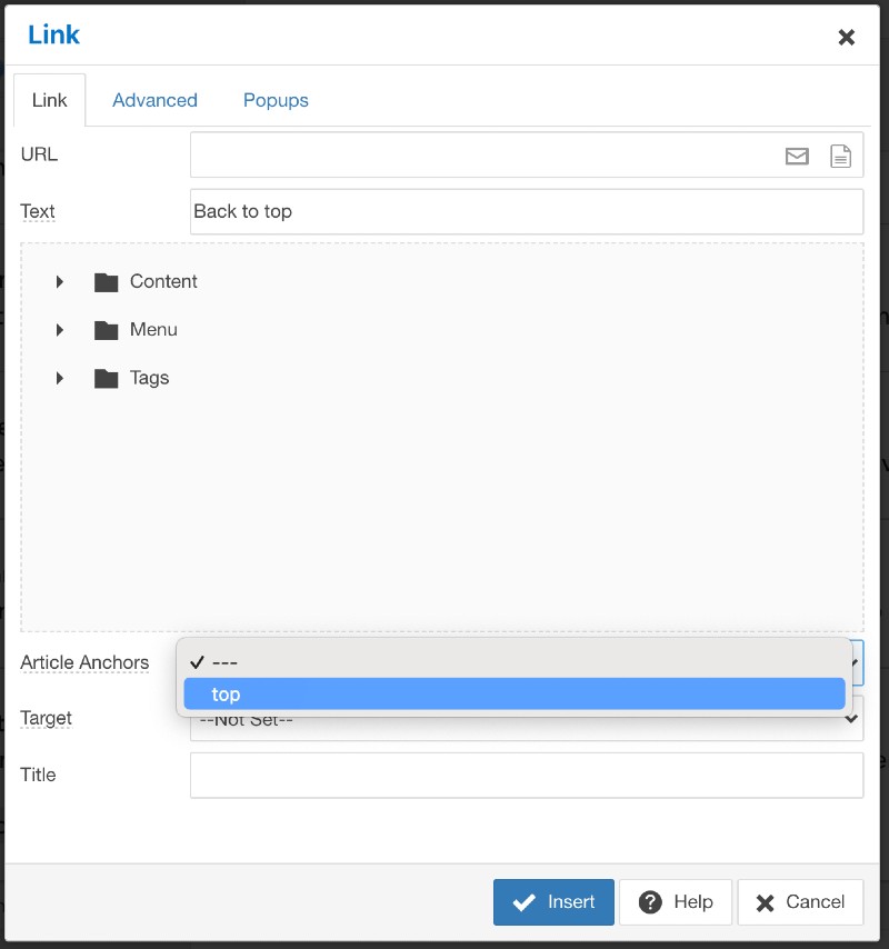 the link edit interface with the article anchor dropdown box open