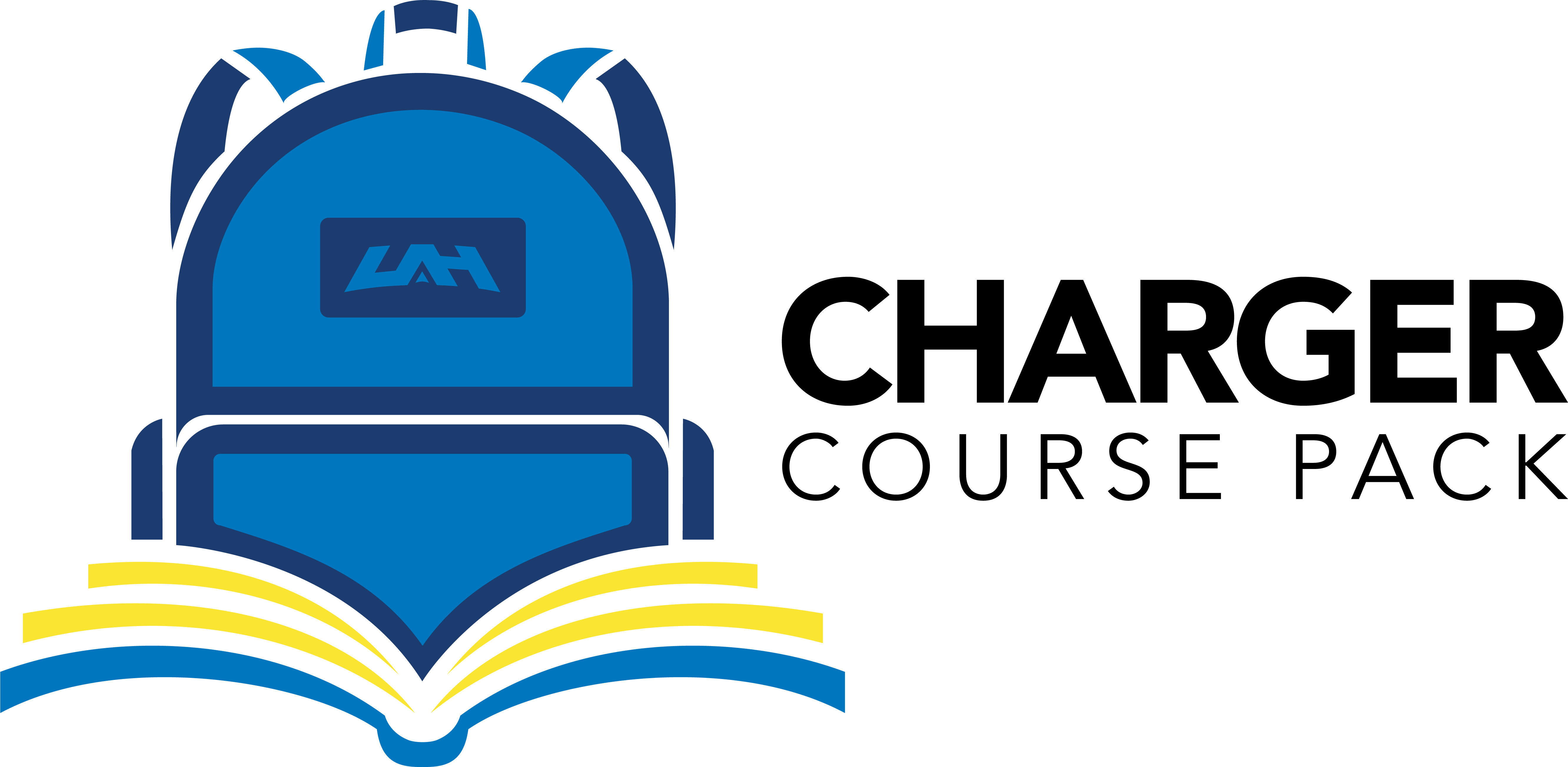 A graphic illustration of a blue backpack with the U A H logo and an open book.  Text reads Charger Course Pack. 
