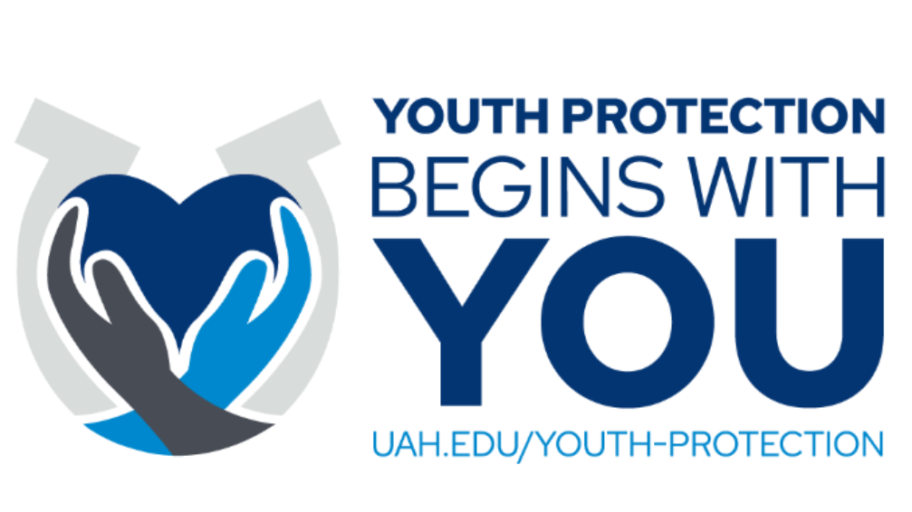 This is a photo of two hands holding a navy blue heart with a grey horseshoe in the background. The text reads "Youth Protection Begins with You uah.edu/youth-protection"