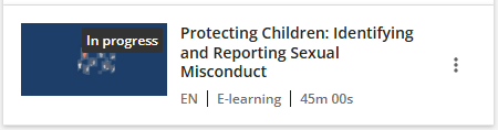 This is a screenshot of the module link to the United Educator's course entitled Protecting Children: Identifying and Reporting Sexual Misconduct.