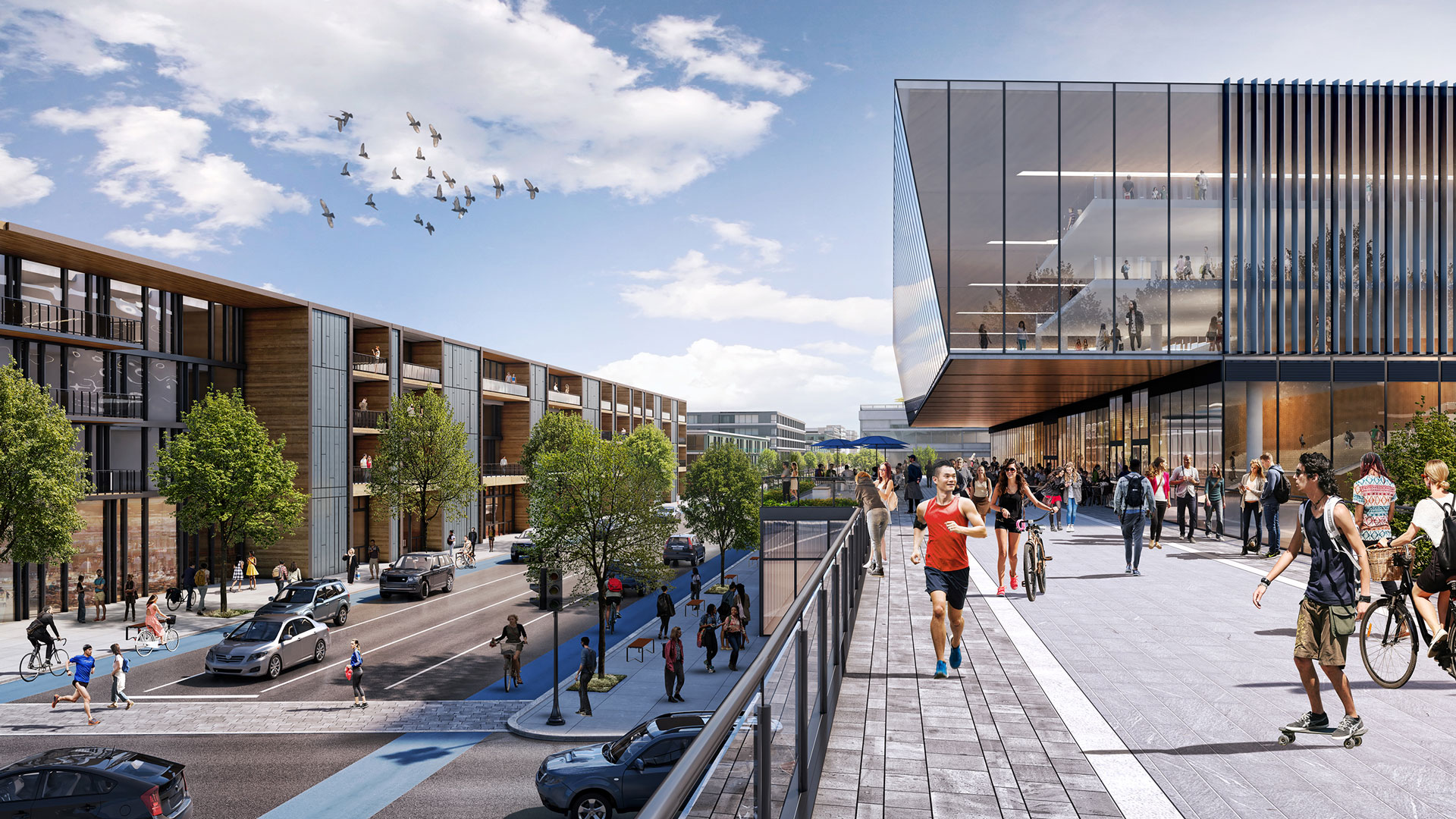 Another artist's illustration of a student community with apartments, shops, and an elevated walkway above Sparkman Avenue.