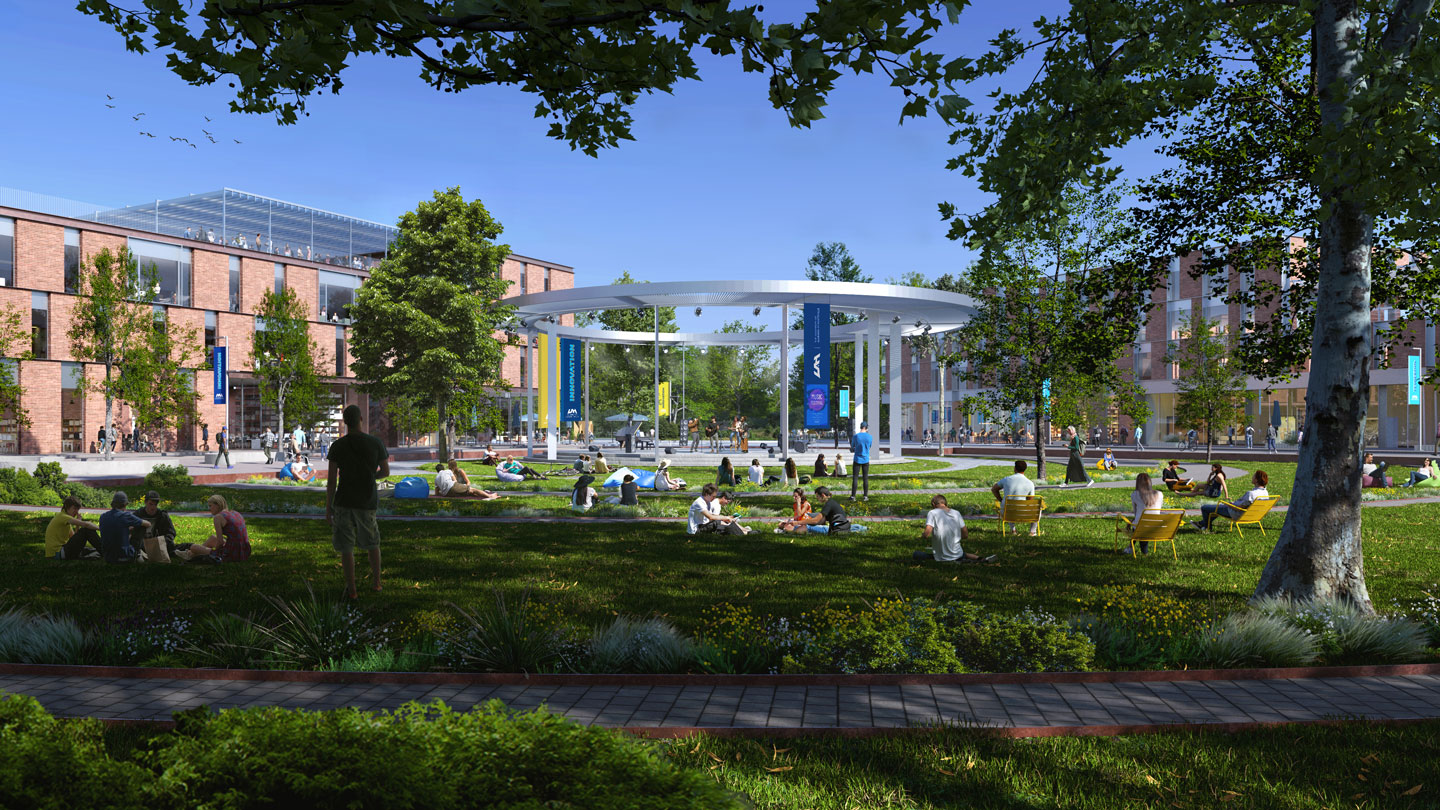 An artist's illustration of a campus commons lawn with a circular pillared structure in the middle.