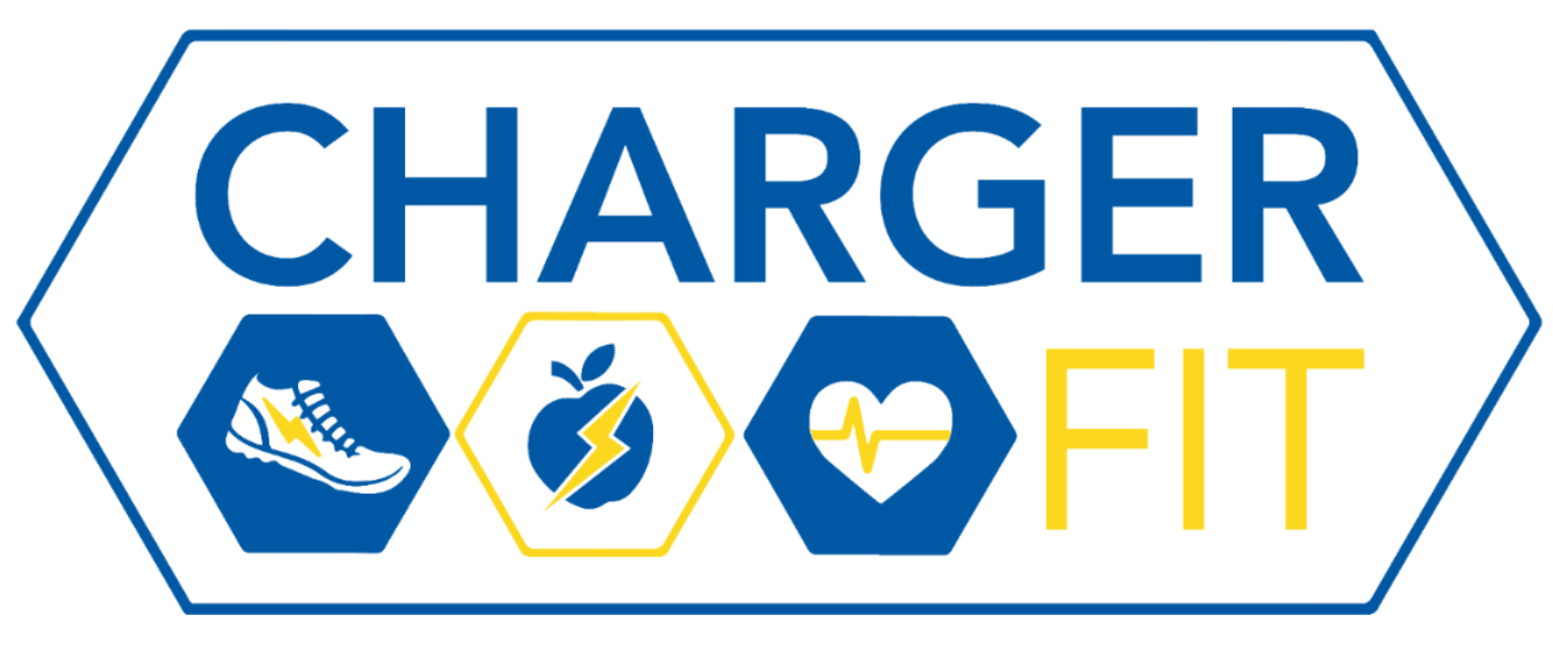 Logo for "CHARGER FIT" featuring bold blue text with hexagonal icons symbolizing fitness: a sneaker, an apple with a lightning bolt, and a heart with an EKG line.