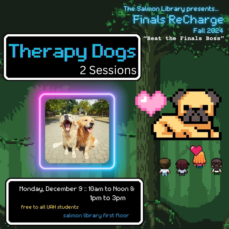 Therapy dogs from 10am to Noon and 1pm to 3pm on December 9, 2024. 