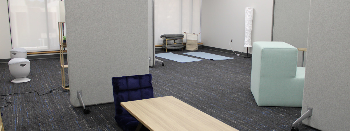 Sensory Space at a glance showing fidget seating, yoga, and lower seating quadrants.