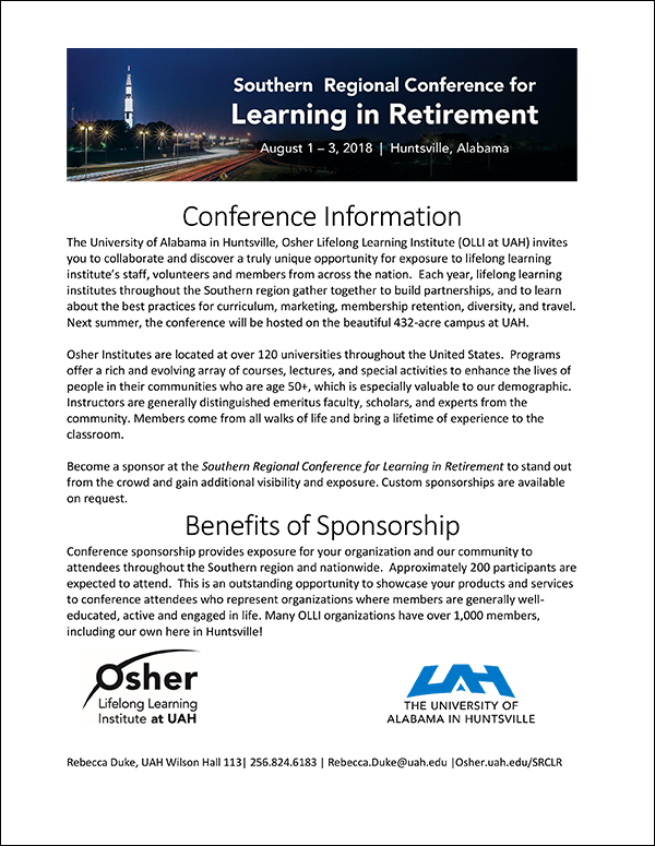 Sponsor and Vendor Information packet PDF | 2018Southern Regional Conference for Learning in Retirement (SRCLR) | Huntsville, AL | Aug 1-3, 2018