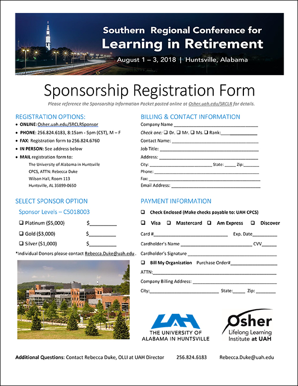 Sponsorship Registration Form PDF | 2018Southern Regional Conference for Learning in Retirement (SRCLR) | Huntsville, AL | Aug 1-3, 2018
