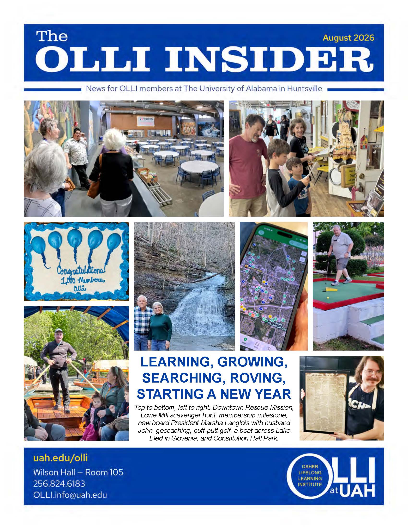 The cover of the August 2026 OLLI Insider newsletter. The cover features a collage of images from various OLLI events.
