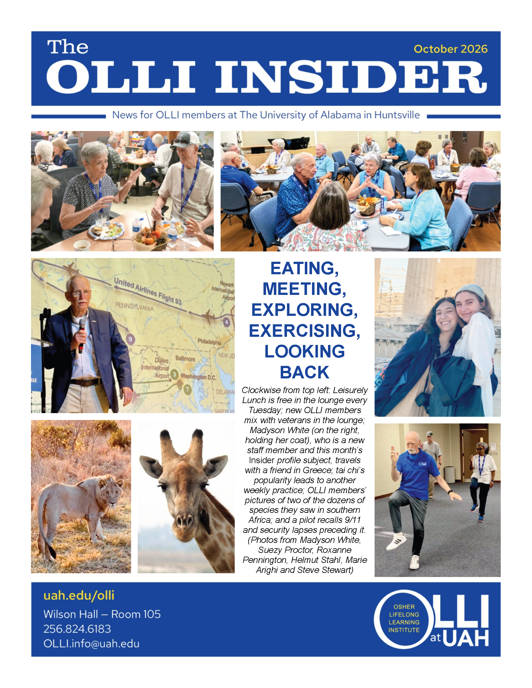 The cover of the October 2026 OLLI Insider newsletter. The cover features a collage of images OLLI events and featured subjects.