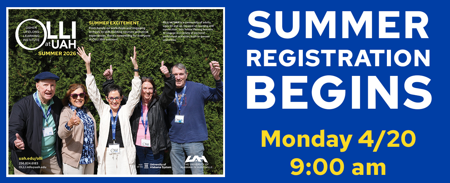 The cover of the OLLI summer 2026 catalog. Summer Registration Begins Monday 4/20 at 9:00 am.