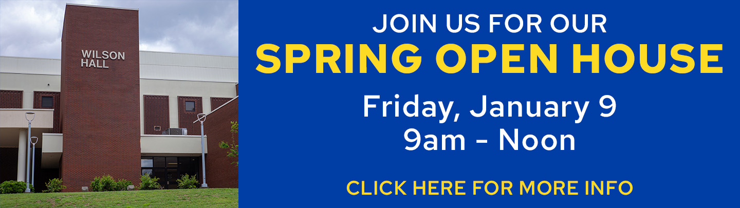 a picture of Wilson Hall with advertising OLLI's spring open house. Friday, January 9th from 9am until noon.