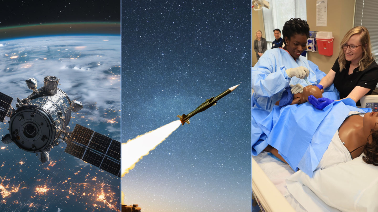 A triptych shows photos of a satellite in space, a rocket in flight, and nurses performing an exercise on a training mannequin.