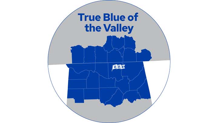 Circular graphic featuring a blue map of an area labeled True Blue of the Valley.