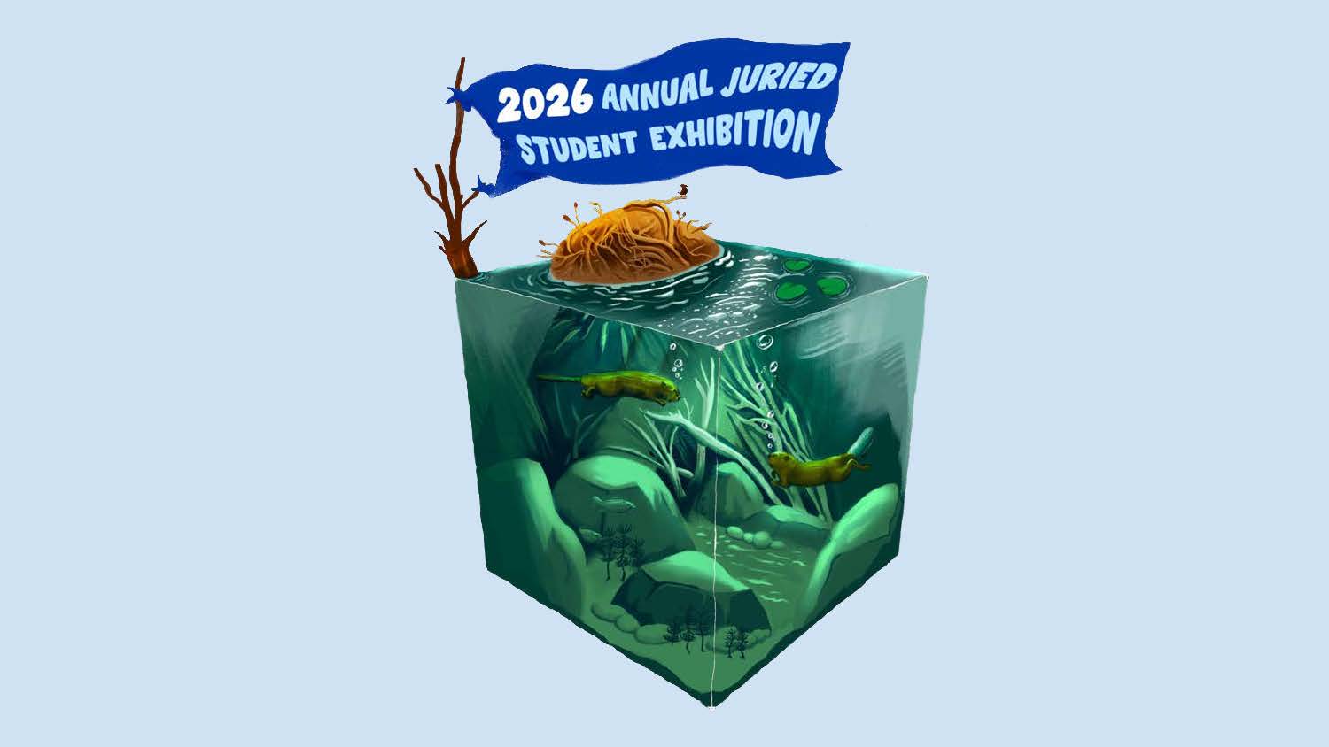 Artwork Cubed Pond with Otters and Plants with Tree holding Flag