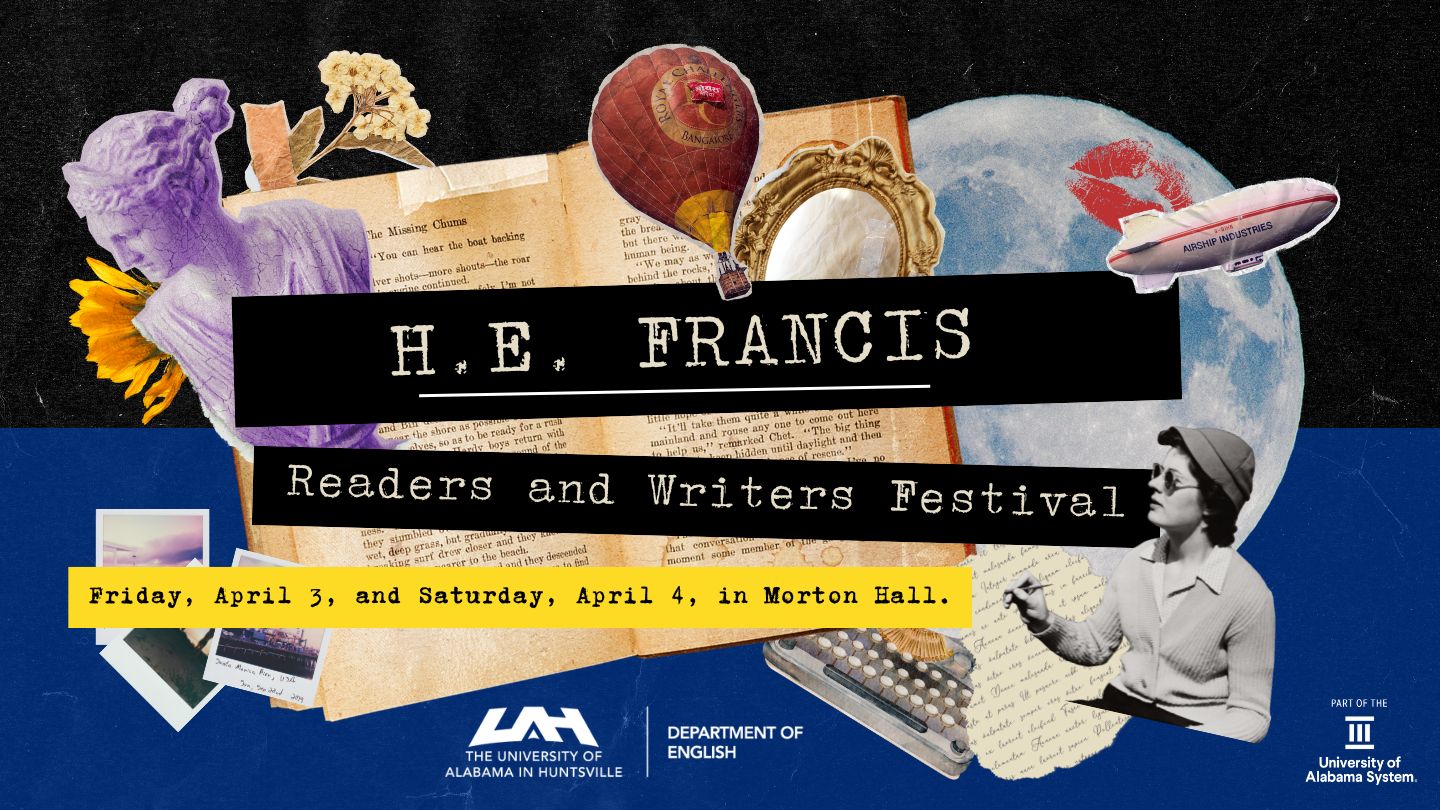 Scrapbook Image with sculpture, hot air balloon, type writer, moon, photos, and open book