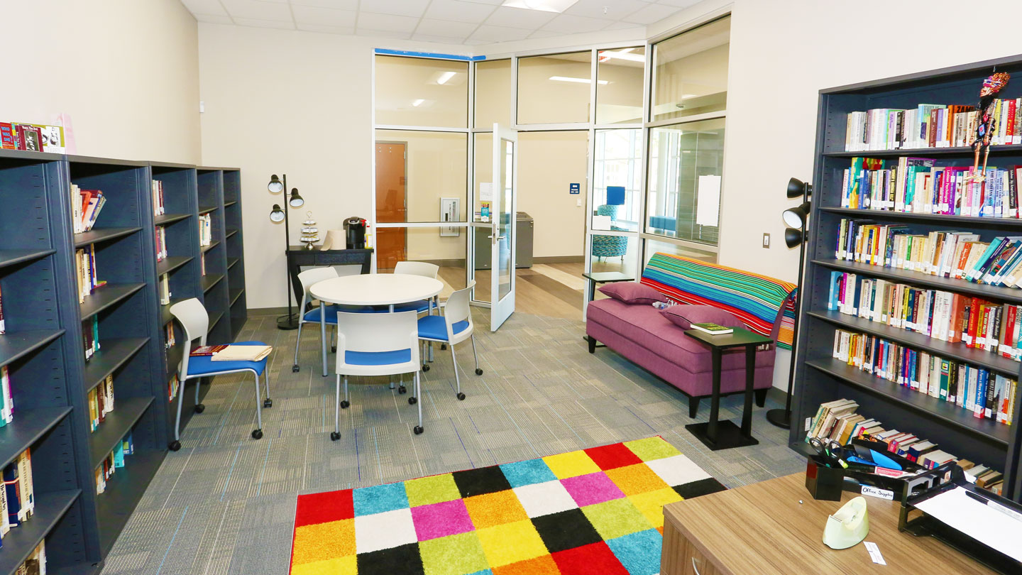 a comfortable colorful room filled with bookshelves in the womens gender and sexuality studies program resource center