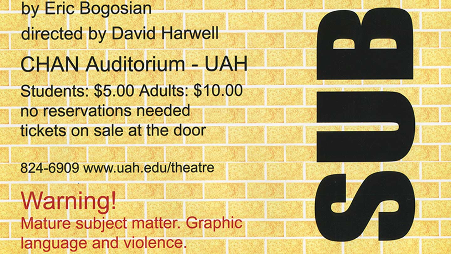 a play poster for subUrbia along with a content warning