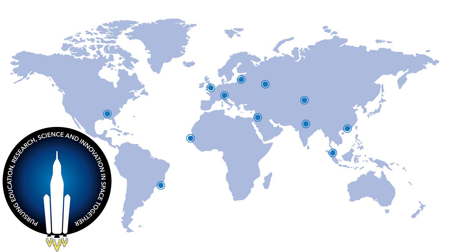 world map showing participant locations with PERSIST logo. Pursuing Education, Research, Science, and Innovation in Space Together.