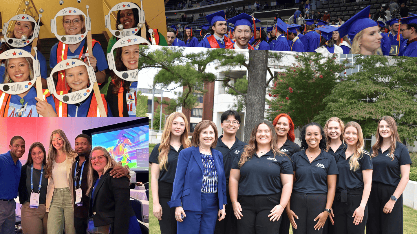 A collage of four photos featuring students, faculty, and graduates from the UAH College of Nursing. The top-left image shows a group of students smiling while holding cutout astronaut helmets. The top-right image captures nursing graduates in blue caps and gowns at a commencement ceremony. The bottom-left image shows a group of students and faculty posing together at a professional conference. The right image features Dean Karen Frith standing outdoors with a group of UAH Nursing student ambassadors dressed in black polo shirts, smiling in front of greenery.