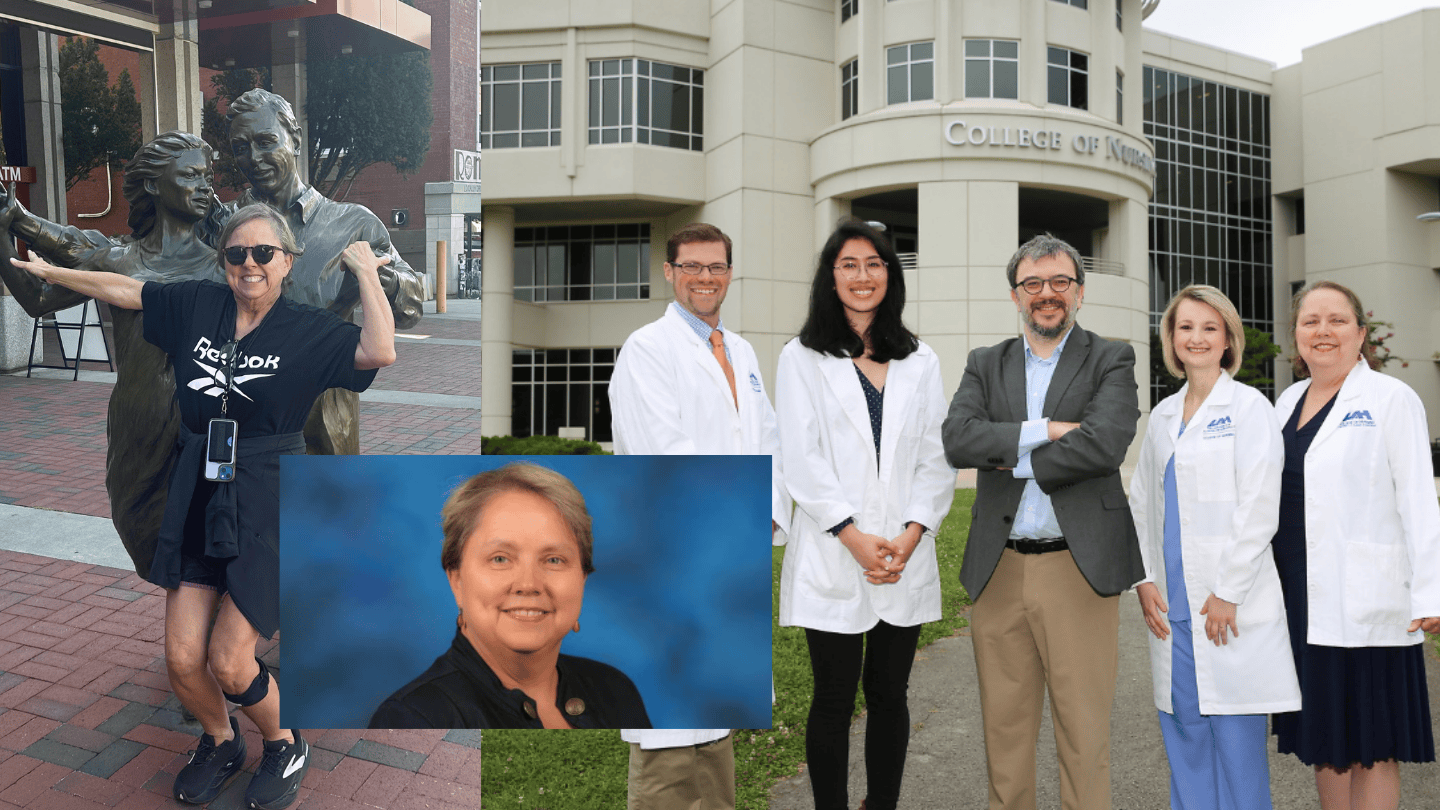 Collage of photos featuring Beth Barnby: one image shows her smiling outdoors beside a bronze statue with her arms flexed playfully; another shows her professional headshot against a blue background; a third shows Barnby standing with colleagues in white lab coats outside a College of Nursing building, highlighting her role in healthcare research and education.